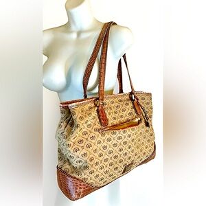 🐊LIZ CLAIBORNE🐊LOGO CANVAS CROC EMBOSSED VINYL TRIM SECTIONS POCKETS VTG PURSE
